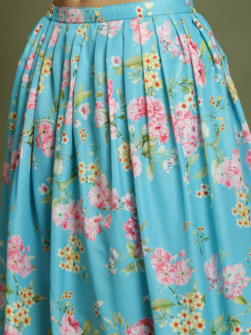 Girl's Aqua Blue Floral Print Crop Top & Lehenga Set With Dupatta